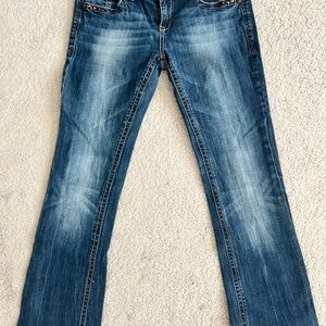 Grace in LA Dark Wash Embellished Distressed Bootxut Jeans Size 30